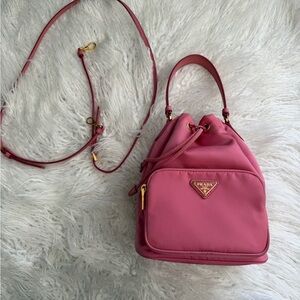 Prada Fuchsia Nylon Drawstring Mini Bucket Bag with Gold Hardware